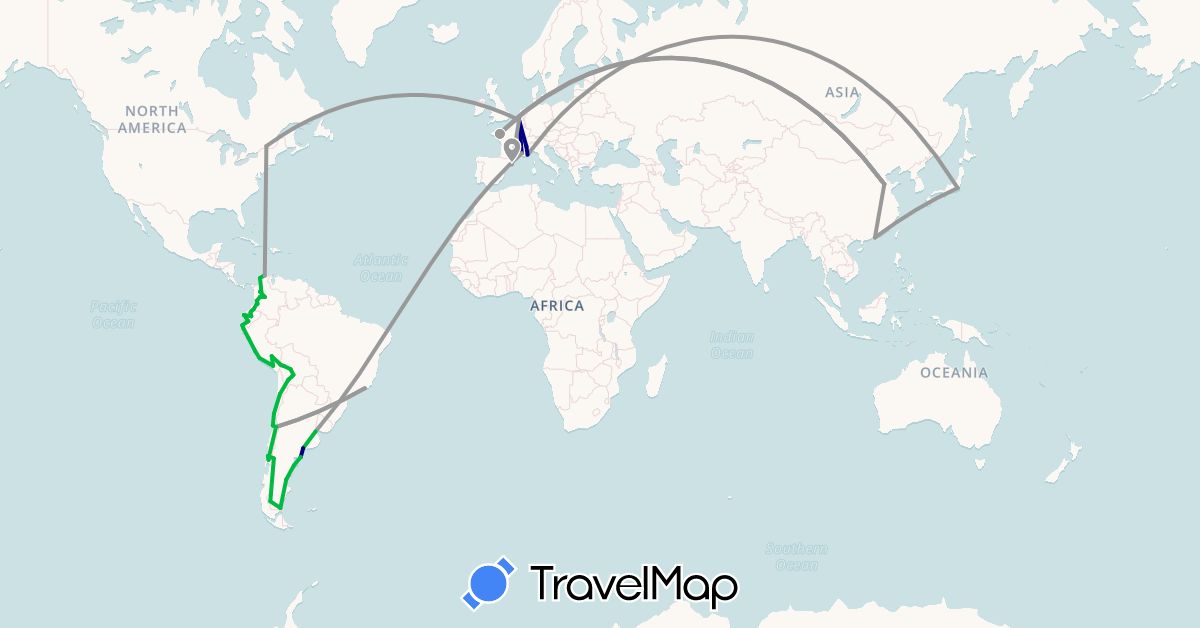 TravelMap itinerary: driving, bus, plane in Argentina, Belgium, Bolivia, Brazil, Canada, Chile, China, Colombia, Ecuador, Spain, France, Japan, Peru (Asia, Europe, North America, South America)